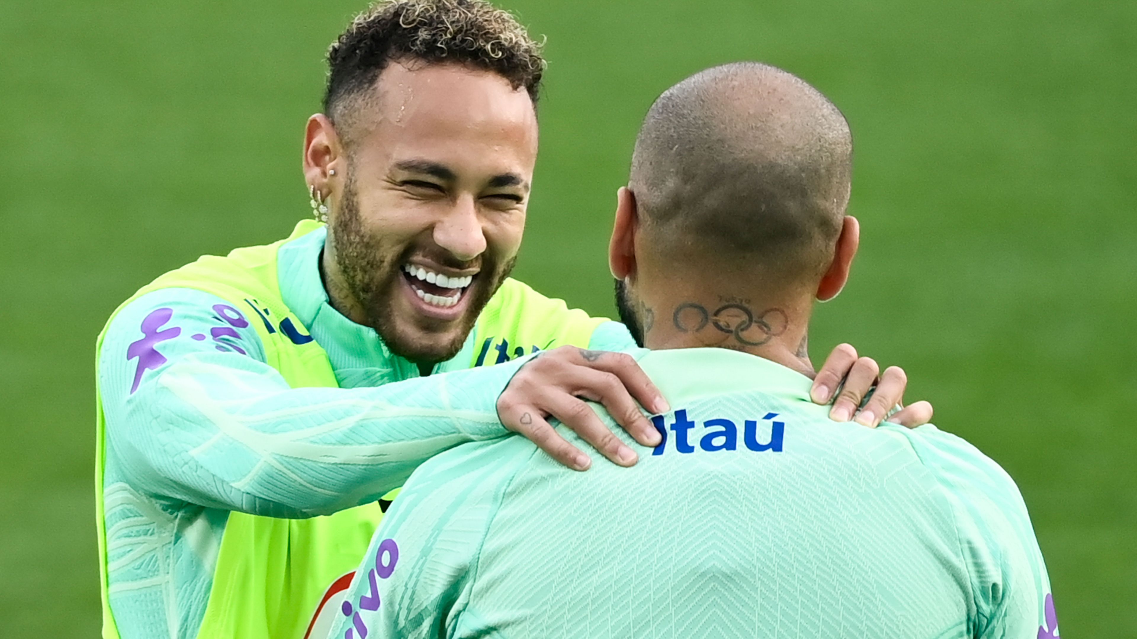 Neymar Jr and Dani Alves of Brazil during a training session prior to the World Cup in Qatar.