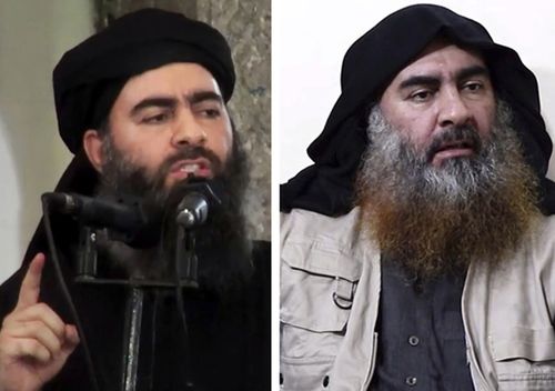Islamic State leader Abu Bakr al-Baghdadi (left) in his first public appearance in Mosul, Iraq on July 5, 2014. Nearly five years later, al-Baghdadi (right) is interviewed by his group's Al-Furqan media outlet.