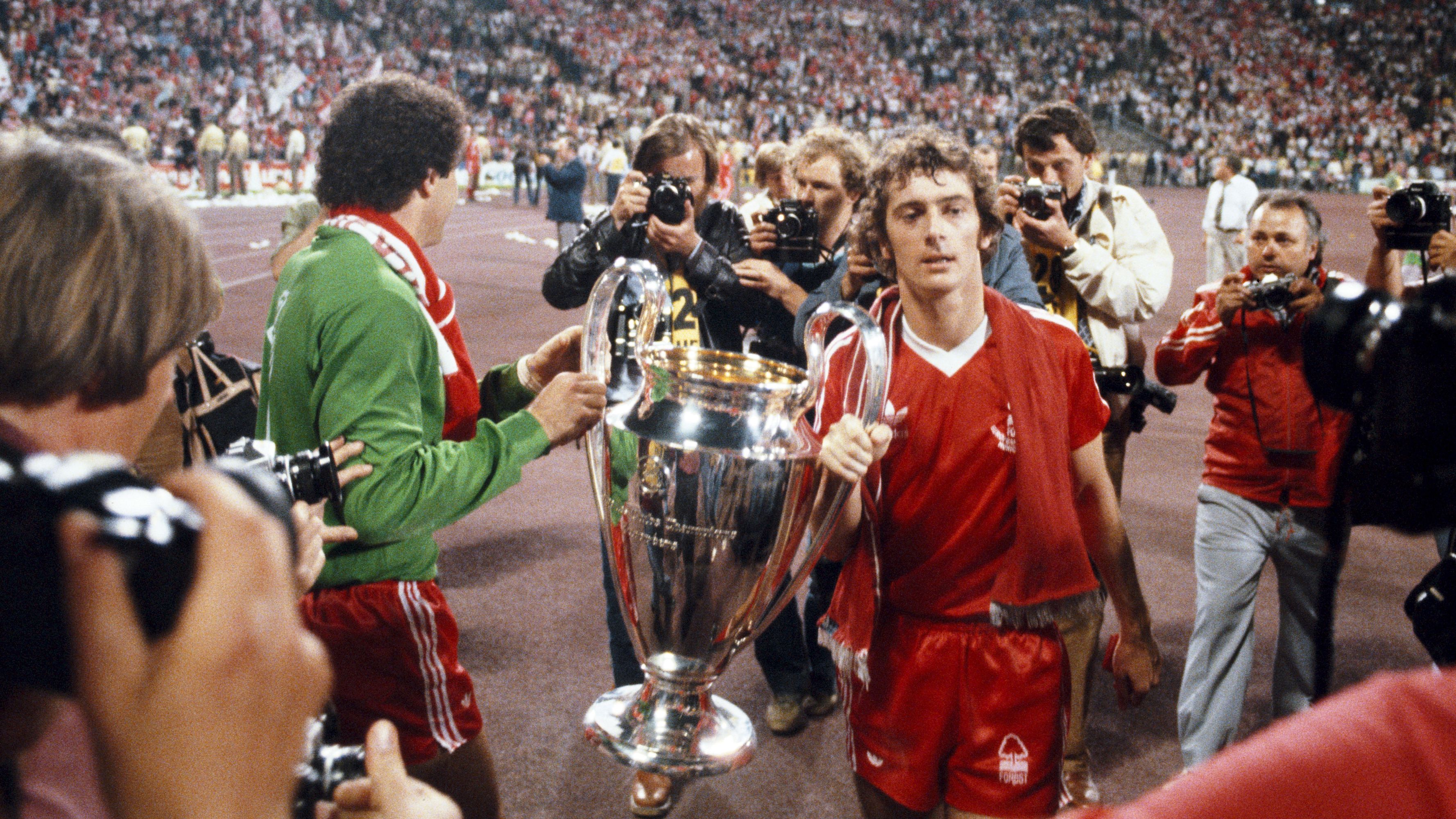 Trevor Francis (right) and goalkeeper Peter Shilton parade the trophy after the 1979 European Cup final between Nottingham Forest and Malmo.