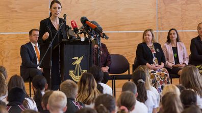 Prime Minister Jacinda Ardern gives speech at a Christchurch high school