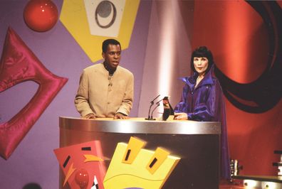 Andi Peters and Mystic Meg on stage at the Live and Kicking Red Nose Awards show broadcast in 1995, honoring the films, television