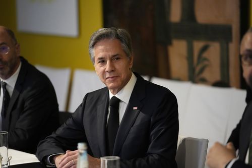 United States Secretary of State Antony Blinken sits down for a Meeting of the Transatlantic Quad with the Foreign Ministers of France, Germany and the United Kingdom at the Munich Security Conference in Munich, Saturday, Feb. 18, 2023. 