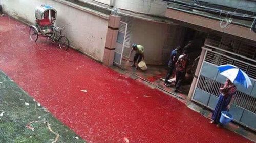 Streets in Dhaka turned red after Eid al-Adha celebrations. (Twitter)