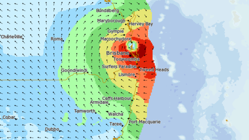 A map showing Cyclone Alfred's predicted landfall on Friday morning.