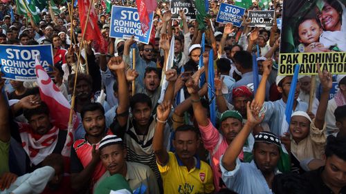 Supporters of Jamaat-e-Islami, a Pakistani religious group, chant slogans during a rally to condemn ongoing violence against the Rohingya Muslim minority in Myanmar. (AAP)