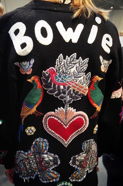A cardigan emblazoned with 'Bowie' from the Gucci fall 2016 mens collection, which creative director Alessandro Michele said is, "not a tribute, because David is always inside everything I do." (Image credit: Instagram/@timblanks)