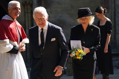 King Charles III and Camilla, the Queen Consort leave the Llandaff Cathedral following a Service of Prayer and Reflection for the life of Queen Elizabeth II in Cardiff, Wales, Friday Sept. 16, 2022.