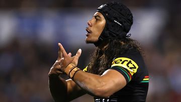 PENRITH, AUSTRALIA - JULY 29: Jarome Luai of the Panthers celebrates scoring a try during the round 22 NRL match between Penrith Panthers and Cronulla Sharks at BlueBet Stadium on July 29, 2023 in Penrith, Australia. (Photo by Jeremy Ng/Getty Images)