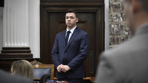 Kyle Rittenhouse waits for the jury to enter the room to continue testifying during his trial at the Kenosha County Courthouse.