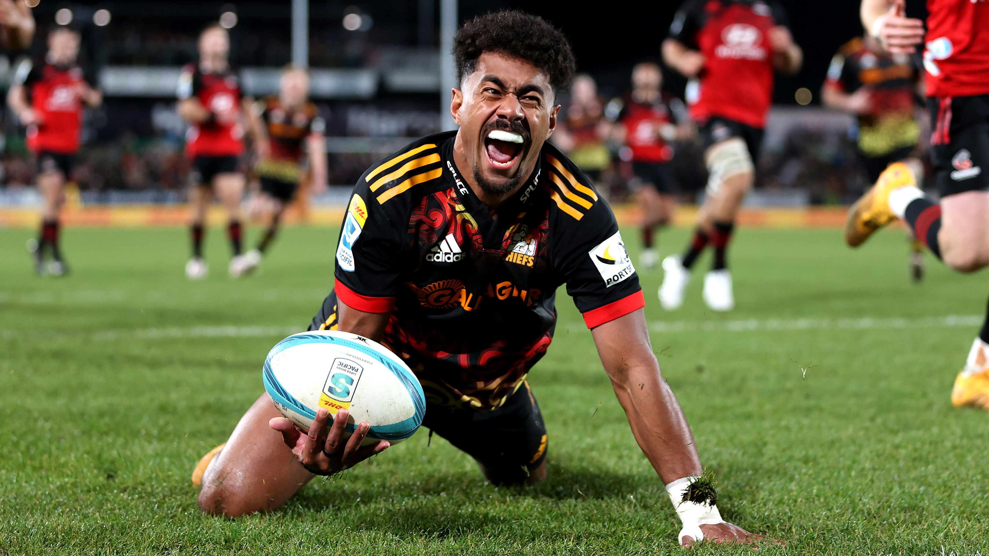 Emoni Narawa celebrates at FMG Stadium Waikato.