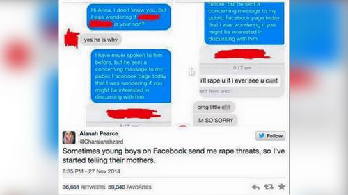 Previously Ms Pearce Tweeted a purported exchange with the mother of one of the alleged trolls. (Facebook/Alanah Pearce)
