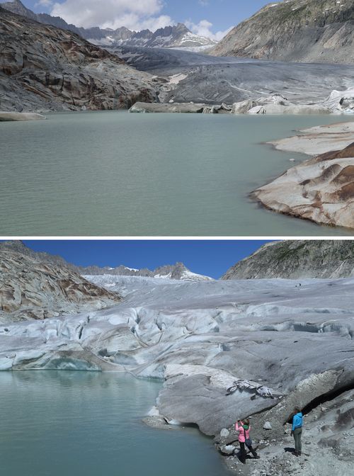 This juxtaposition of two images, the first from August 22, 2016, (below) and the other from June 20, 2022, show a view from the same spot of the receding Rhone glacier near Gletsch, Switzerland. 