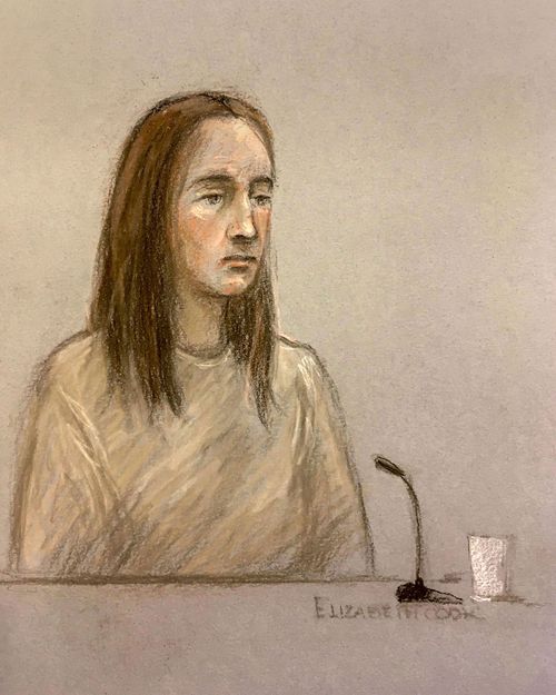 A court artist sketch by Elizabeth Cook, depicting Lucy Letby appearing via video link at court in Warrington, England.