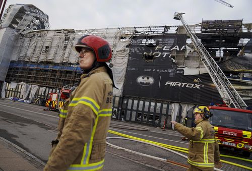 Emergency management work to secure the area after a fire in the former Stock Exchange of Copenhagen, Boersen, Wednesday, April 17, 2024 
