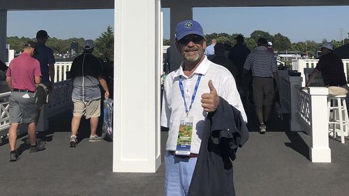 Tom Randele at an entrance to the 2018 US Open Golf Tournament at Shinnecock Hills Golf Club. 