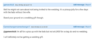 Mumsnet post about rude bride and groom re invites