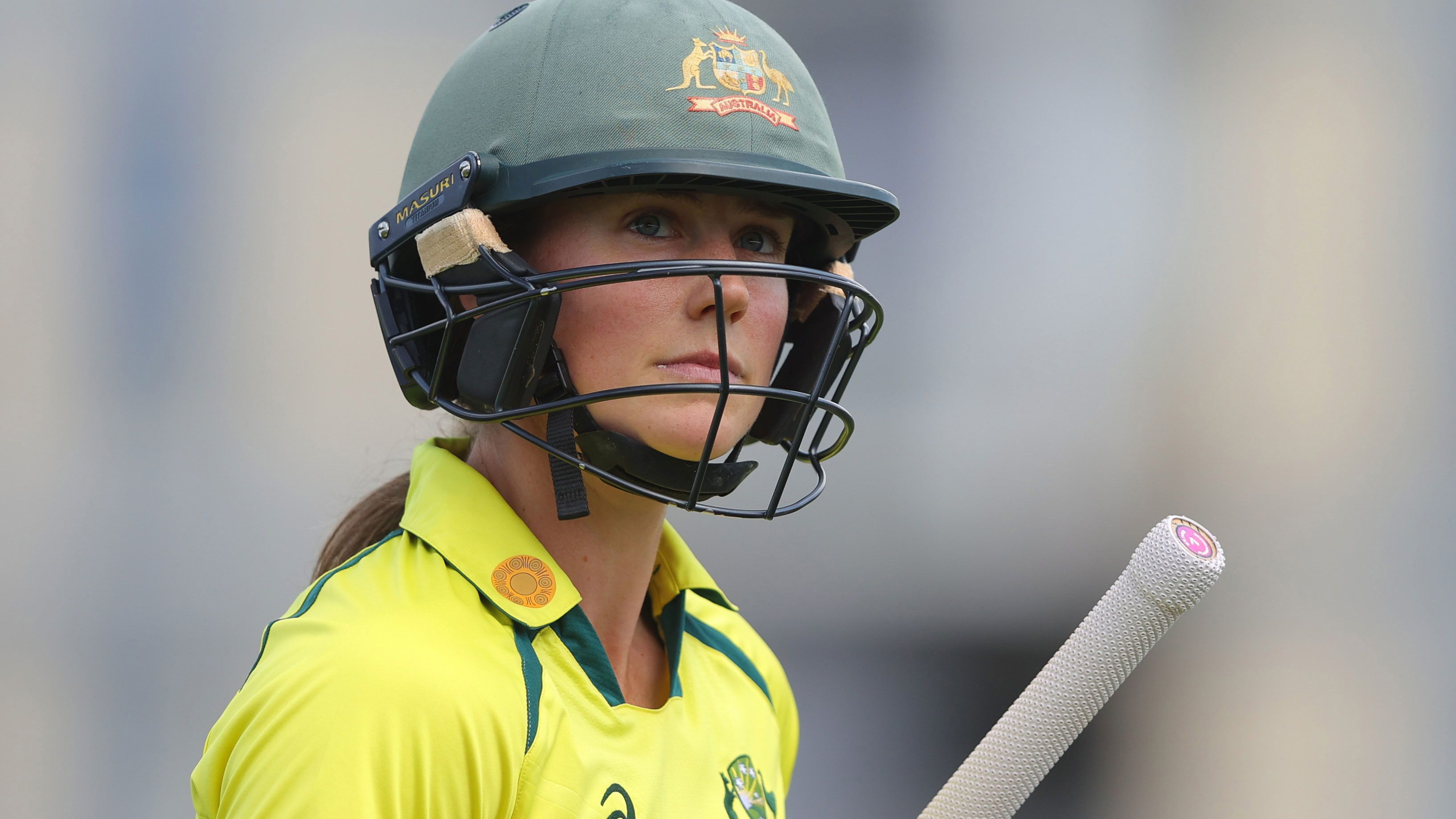 Ellyse Perry of Australia leaves the field after being dismissed during the 2023 women&#x27;s Ashes first ODI match. 