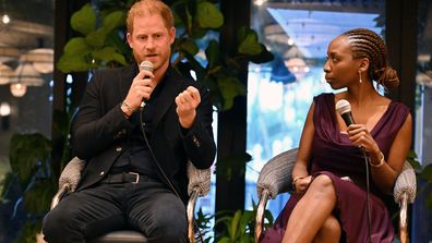 MIAMI BEACH, FLORIDA - APRIL 11: Alix Lebec, Founder & CEO of Lebec, Prince Harry, Duke of Sussex, Co-Founding Patron of Sentebale and Dr. Sophie Chandauka MBE, Chair of Sentebale, Founder and Chair of Nandi Life Sciences speak during the Sentebale Potential is Waiting panel discussion, followed by a seated dinner at Zaytinya of the José Andrés Group at the Ritz Carlton Hotel on April 11, 2024 in Miami Beach, Florida. Alongside the Duke of Sussex, was an intimate group of U.S.-based philanthropi