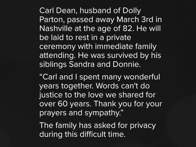 Dolly Parton's Instagram statement confirming death of husband Carl Dean