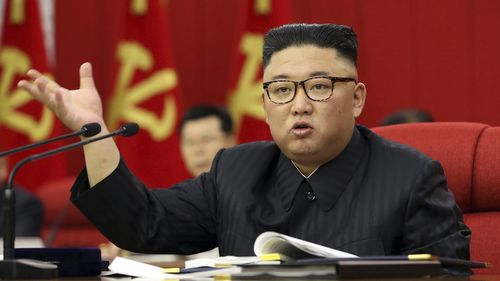 In this photo provided by the North Korean government, North Korean leader Kim Jong Un speaks during a Workers' Party meeting in Pyongyang, North Korea, Tuesday, June 15, 2021.