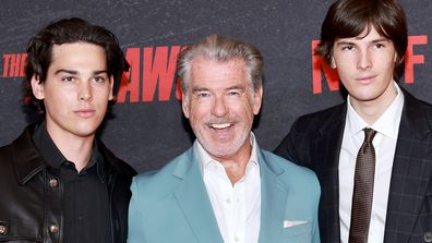 LOS ANGELES, CALIFORNIA - JUNE 26: (L-R) Paris Brosnan, Pierce Brosnan and Dylan Brosnan attend the Los Angeles Premiere Of Netflix&#x27;s &quot;The Out-Laws&quot; at Regal LA Live on June 26, 2023 in Los Angeles, California. (Photo by Matt Winkelmeyer/Getty Images)
