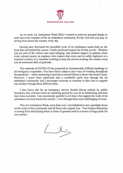 Prince William letter air ambulance anniversary