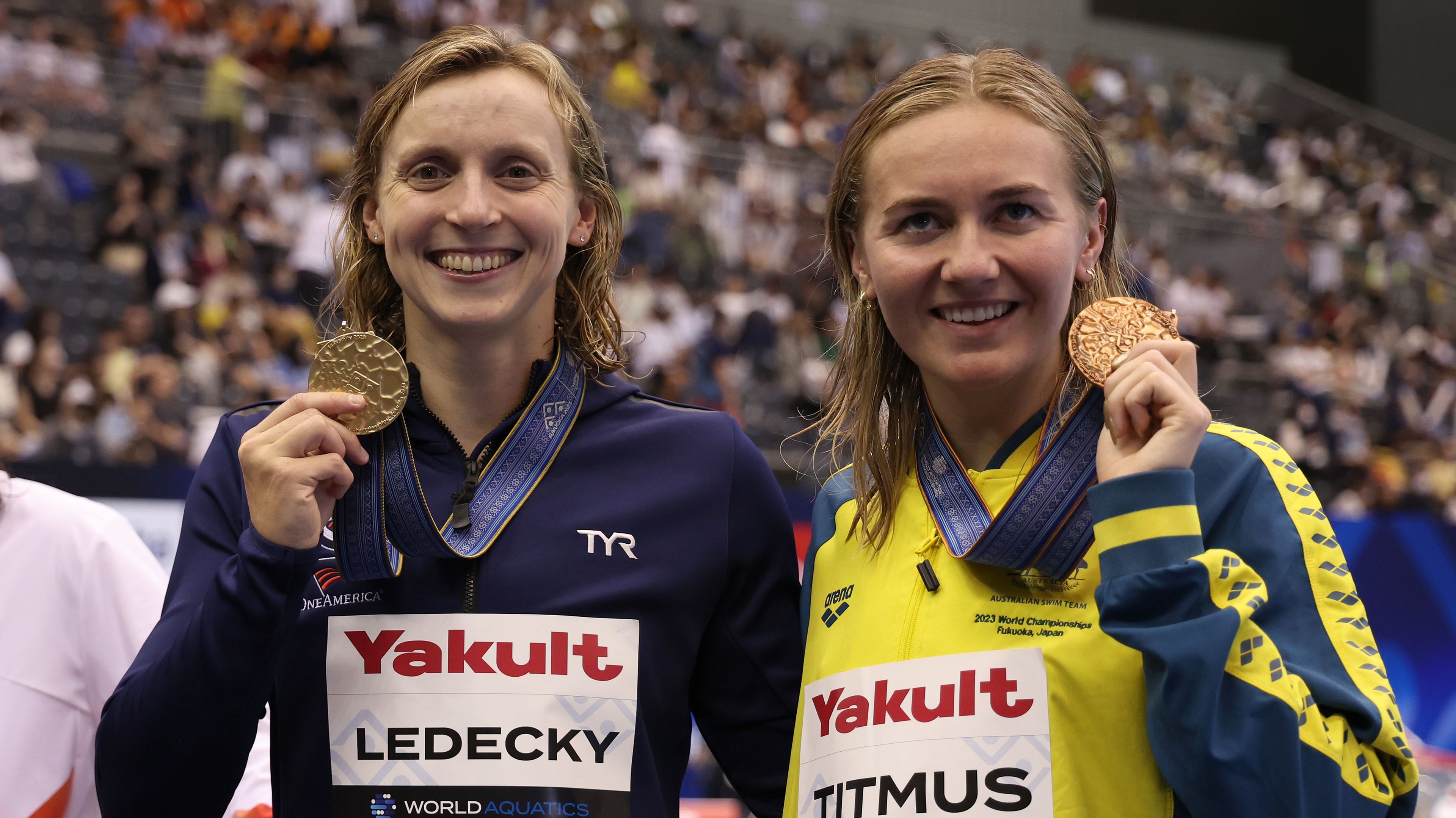 Gold medallist Katie Ledecky of Team United States and bronze medallist Ariarne Titmus of Team Australia pose during the medal ceremony of the Women&#x27;s 800m Freestyle Final on day seven of the Fukuoka 2023 World Aquatics Championships at Marine Messe Fukuoka Hall A on July 29, 2023 in Fukuoka, Japan. (Photo by Sarah Stier/Getty Images)