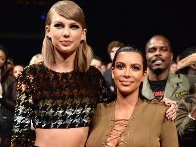 Taylor Swift and Kim Kardashian at the 2015 MTV Video Music Awards on August 30, 2015 in Los Angeles, California.