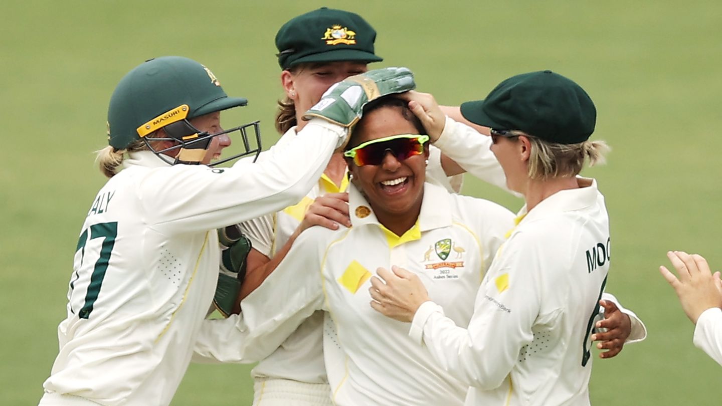 Alana King celebrates with her team after taking the wicket of Katherine Brunt of England during day two of the Women&#x27;s Ashes Test match.