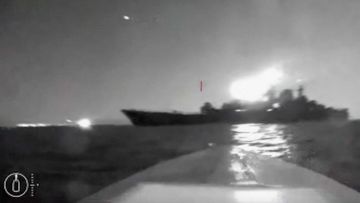 A Ukrainian drone approaches the vessel claimed to be a Russian large landing ship, the Olenegorsky Gonyak.