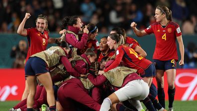 Spain players celebrate the team's second goal during the FIFA Women's World Cup Australia & New Zealand 2023 Semi Final match between Spain and Sweden at Eden Park on August 15, 2023 in Auckland / Tmaki Makaurau, New Zealand. (Photo by Maja Hitij - FIFA/FIFA via Getty Images)