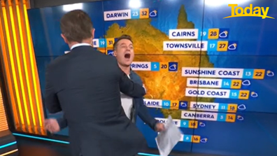 Alex Cullen rushed to remove Denyer so Tim Davies could continue reading the weather.