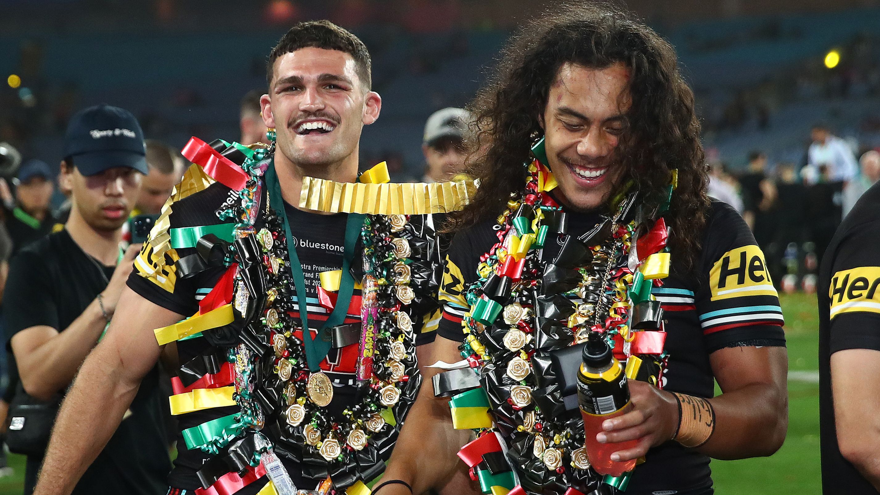 Nathan Cleary and Jarome Luai after the 2023 NRL Grand Final at Accor Stadium, Sydney. Photo: NRL Photos / Brett Costello