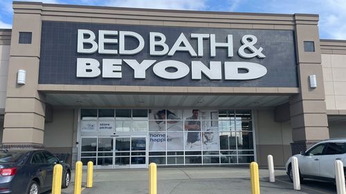 The entrance to a Bed Bath & Beyond store is seen in Anchorage, Alaska, on Sunday, April 23, 2023. The company filed for bankruptcy protection on Sunday, following years of dismal sales and losses and numerous failed turnaround plans.
