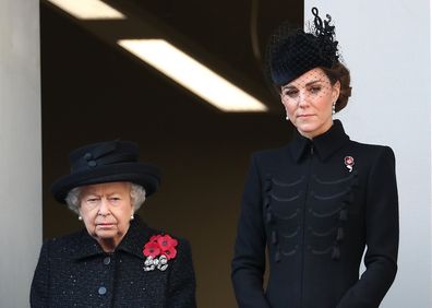 Queen Elizabeth II and  Catherine, Duchess of Cambridge attend the annual Remembrance Sunday memorial at The Cenotaph on November 10, 2019 in London, England. 