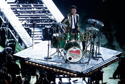 Bruno Mars started the halftime show belting a set of drums.
