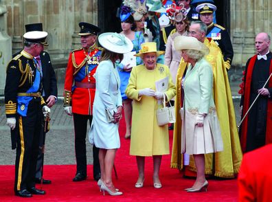 TRH (L-R) Prince Charles, Prince of Wales, Prince Philip, Duke of Edinburgh, Queen Elizabeth II and Camilla, Duchess of Cornwall speak following the marriage of Prince William, Duke of Cambridge and Catherine, Duchess of Cambridge at Westminster Abbey on April 29, 2011 in London, England.  