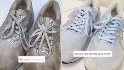 Before-and-after of sneakers cleaned with a homemade paste.