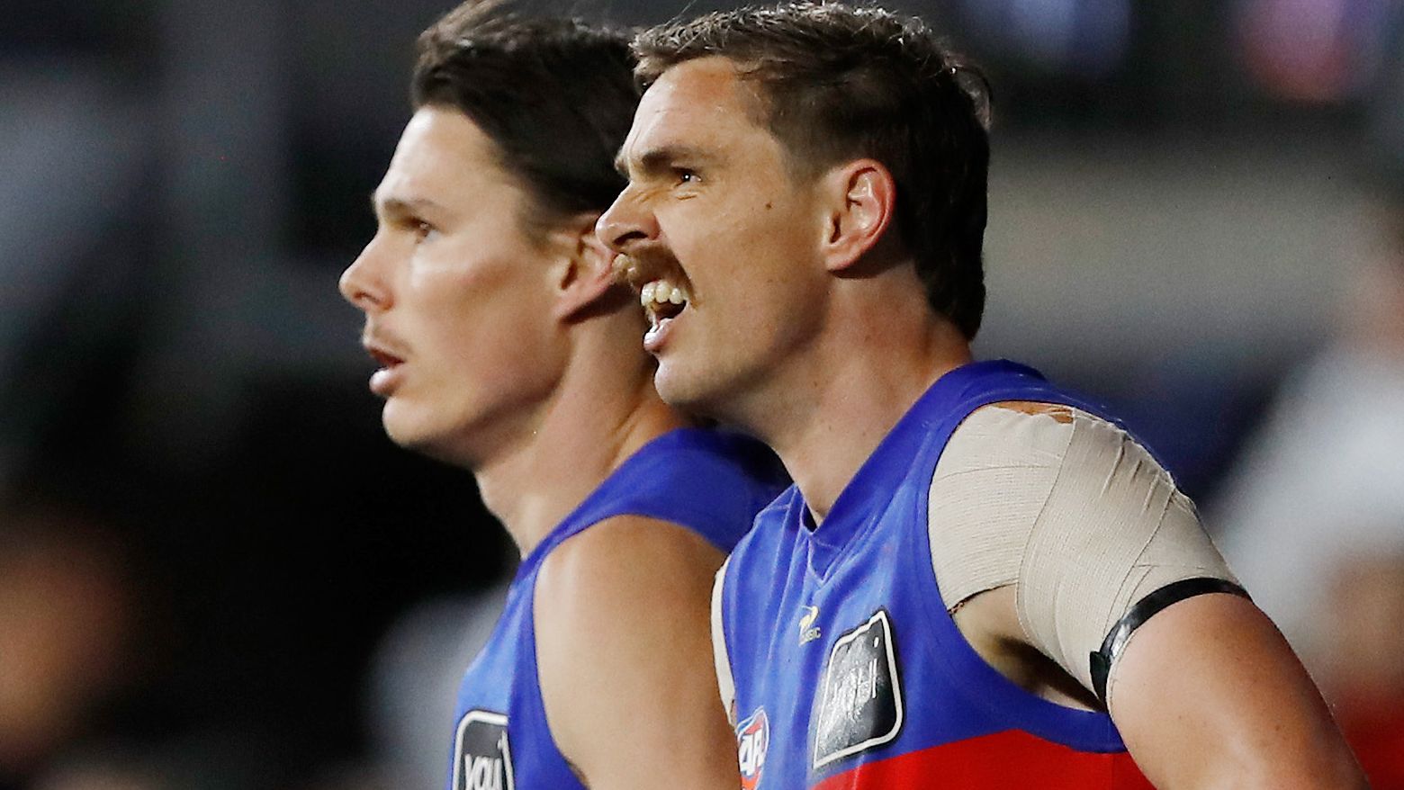 Eric Hipwood and Joe Daniher of the Lions are seen during the 2022 AFL First Preliminary Final match between the Geelong Cats and the Brisbane Lions at the Melbourne Cricket Ground on September 16, 2022 in Melbourne, Australia. (Photo by Dylan Burns/AFL Photos)