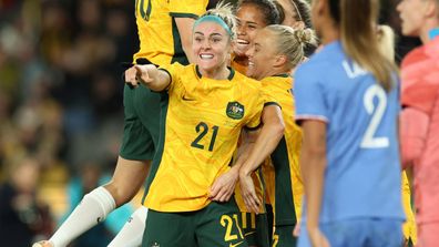 Ellie Carpenter of the Matildas celebrates their goal against France in a 1-0 win at Marvel Stadium on July 14, 2023. 