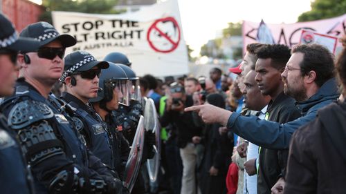 Left and right-wing protesters clashed for four hours outside Milo's speaking event. (AAP)