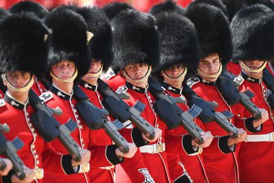 LONDON, ENGLAND - JUNE 10: Welsh Guardsman are seen while Prince William, Prince of Wales Carries Out The Colonel's Review at Horse Guards Parade on June 10, 2023 in London, England. The Prince of Wales carried out the review of the Welsh Guards for the first time as Colonel of the Regiment. It is the final evaluation of the King's Birthday parade ahead of the event on June 17.  (Photo by Stuart C. Wilson/Getty Images)