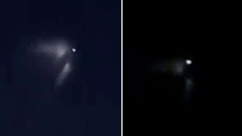 This strange illuminated object which appeared in the night sky over parts of NSW last night is believed to be a Chinese rocket. (Chantelle Peterson and Diana Lexa via NSW Incidents and Alerts) UFO