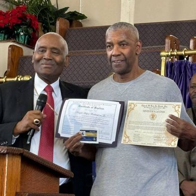 Denzel Washington receives his Certificate of Baptism and Minister's License.