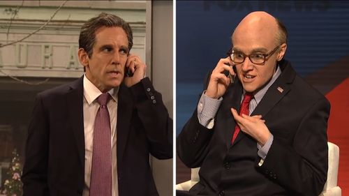 Ben Stiller, portraying former Trump attorney Michael Cohen, calls current attorney Rudy Giuliani, played by Kate McKinnon. (Saturday Night Live/Broadway Video)