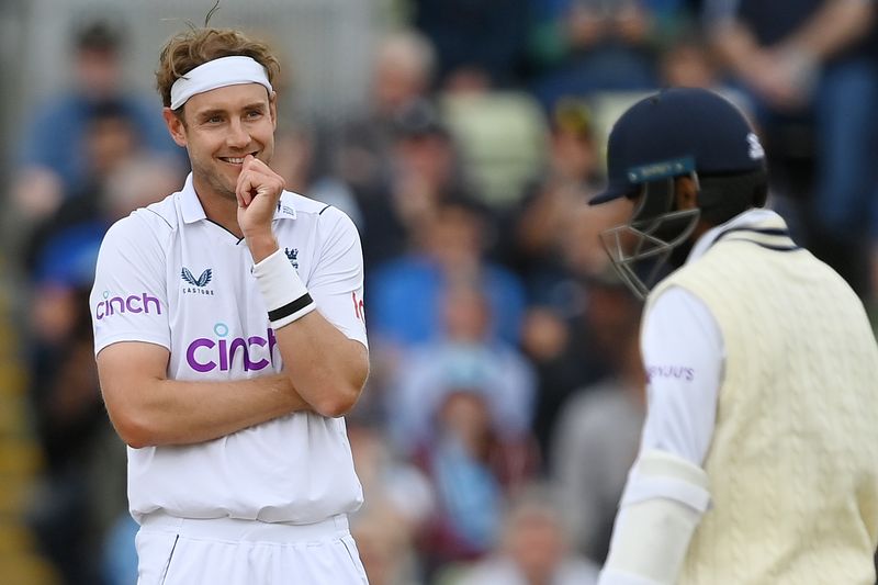 Stuart Broad of England reacts towards Jasprit Bumrah of India as the latter belted a record number of runs in one over.