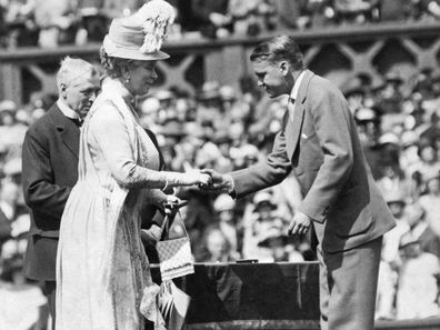 King George V and Queen Mary at the Jubilee Lawn Tennis Championships at Wimbledon, London, England, 1926. The King presented commeration medals to former champions and Queen Mary is greeting Vincent Richards of the United States, doubles winner in 1924. (Photo by Underwood Archives/Getty Images)