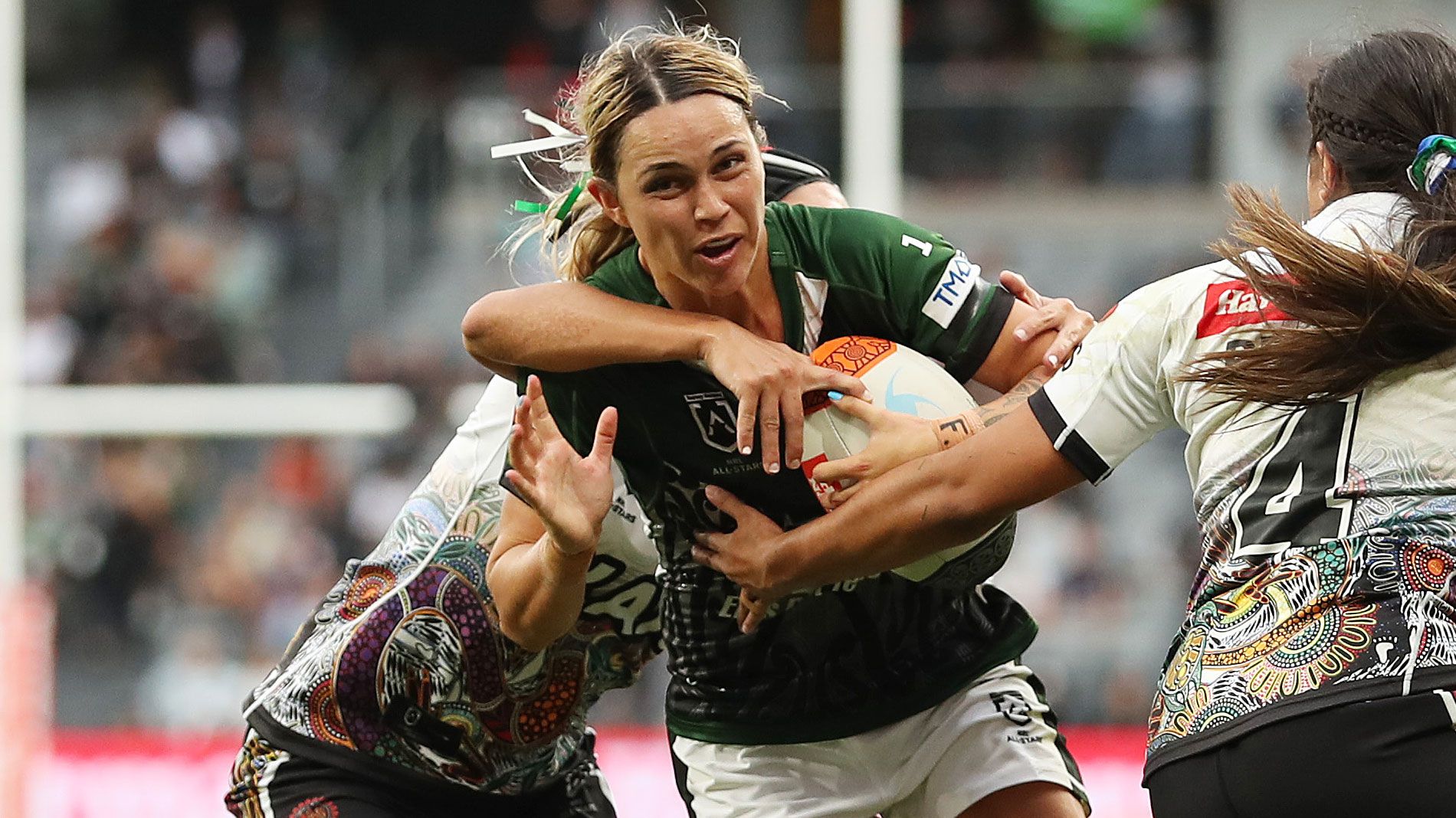 Botille Vette-Welsh, pictured playing for the Maori All Stars, is one of the superstars of the NRLW competition.