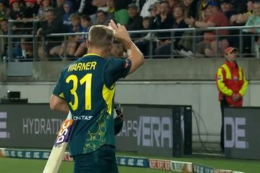 David Warner gestures to the Wellington crowd as he is booed off the field.