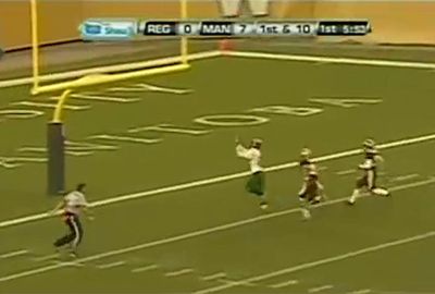 <b> A College gridiron player in Canada has been involved in a horrible collision, but not with an opposition player - with the goalpost. </b><br/><br/>Mitch Thompson was in action for the Regina University Rams when his quarterback launched a long Hail Mary pass. <br/><br/>Footage shows the receiver lose his bearings as he unsuccessfully tries to reel in the pass, smashing into the single goalpost at the start of the endzone as a result. <br/><br/>Thompson's misfortune reminded us of these other sickening post-on-player collisions.<br/><br/><br/><br/><br/><br/>